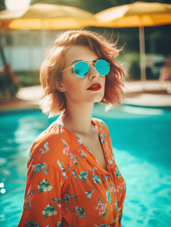Portrait of a beautiful young woman in sunglasses on the background of the swimming poolの素材