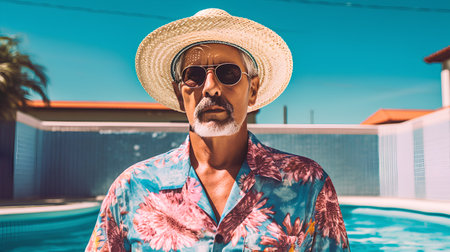 Portrait of senior man in sunglasses and hat standing near swimming poolの素材