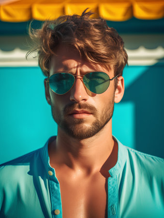 Handsome young man with stylish hair and beard in blue shirt and sunglasses on blue backgroundの素材