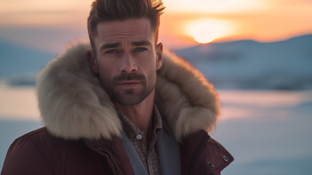 Portrait of a handsome young man in a winter jacket. Men's beauty, fashion.の素材