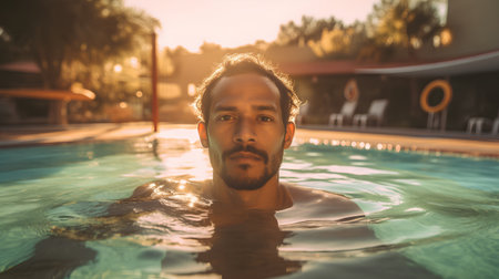 Portrait of a young man in a swimming pool at sunset.の素材