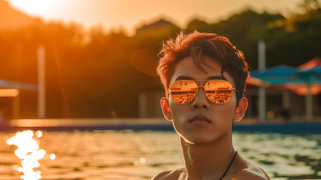 Portrait of young man in sunglasses near swimming pool at sunset.の素材