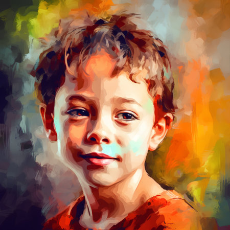 A portrait of a boy with a painted face. Digital painting.の素材