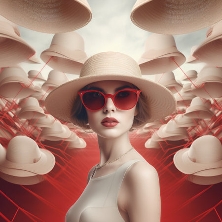 Beautiful young woman in hat and sunglasses over red background. Beauty, fashion.の素材