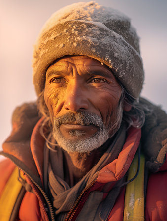 Old man with a gray beard and mustache in a red jacket and a yellow scarf on the background of blue skyの素材