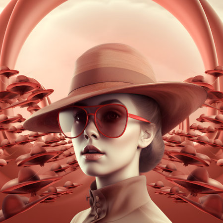 Portrait of a beautiful woman in a hat and sunglasses. 3d rendering.の素材