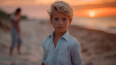 Portrait of a boy with blond hair on the beach at sunsetの素材