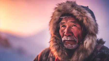 Portrait of an old man in a fur hat on the background of mountains.の素材