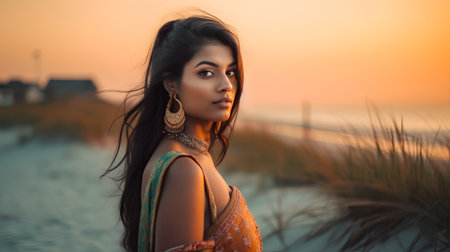 Beautiful indian girl in sari on the beach at sunsetの素材