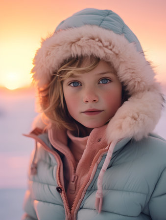 Portrait of a cute little girl in a winter park at sunsetの素材