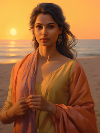 Beautiful indian girl in saree on the beach at sunset.の素材