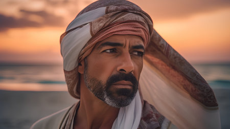 Portrait of a Muslim man in a turban on the beach at sunsetの素材