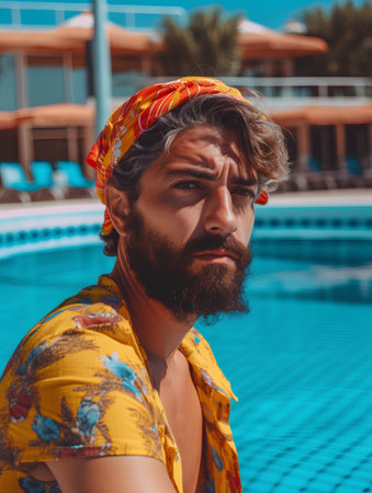 bearded man in yellow shirt and turban sitting near swimming poolの素材