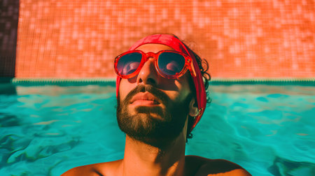 Portrait of a man in a red cap and sunglasses in the swimming pool.の素材