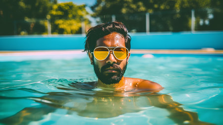 Portrait of a handsome bearded man in sunglasses swimming in the pool.の素材