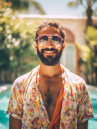 Portrait of a handsome Indian man wearing sunglasses and a colorful shirt standing next to a swimming poolの素材