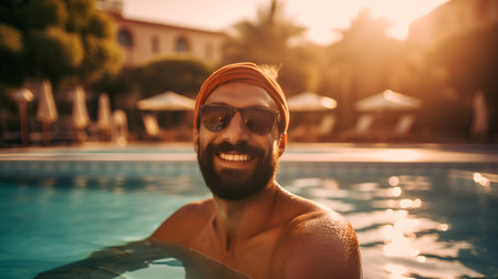 Portrait of a handsome bearded man in sunglasses and a turban relaxing in the swimming pool at sunset.の素材