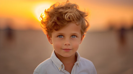 Portrait of a cute little boy on the beach at sunset.の素材