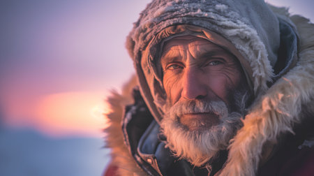 Portrait of an old man with a long gray beard and mustache on the background of a winter sunsetの素材