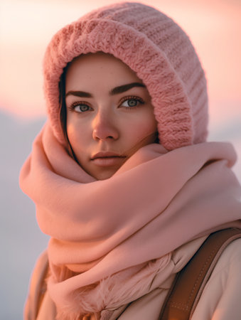 Portrait of a beautiful girl in a pink hat and scarf at sunsetの素材
