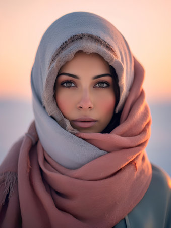 Portrait of a beautiful girl in a headscarf at sunsetの素材