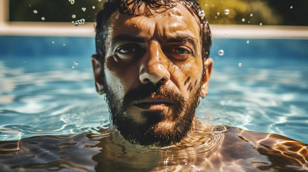 Close-up portrait of a man with a beard in the pool.の素材