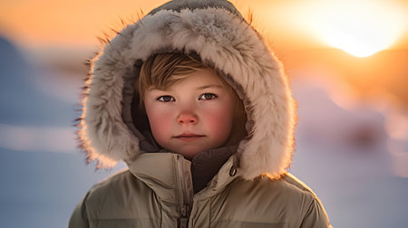 Portrait of a boy in winter clothes on the background of the sunset.の素材