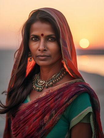 Portrait of a beautiful indian woman in sari at sunsetの素材