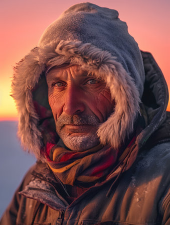 Closeup portrait of senior man in winter jacket on top of mountain at sunsetの素材