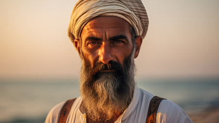 Portrait of a bearded Indian man on the beach at sunset.の素材