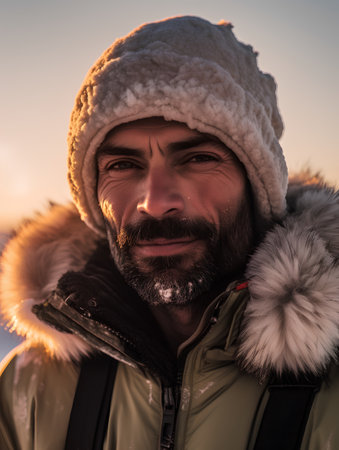 Portrait of a bearded man in a warm jacket and hat. Winter fashion.の素材