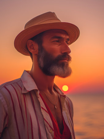 Portrait of a handsome man in hat on the beach at sunset.の素材