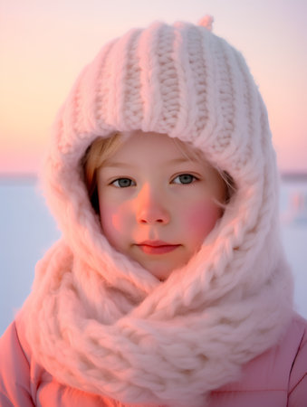Portrait of a beautiful little girl in a pink jacket and white hat.の素材