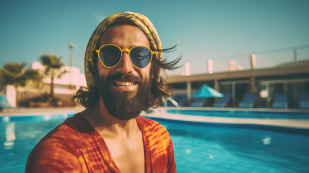 Handsome man with dreadlocks and sunglasses near the swimming poolの素材