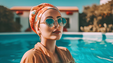 Portrait of a beautiful young woman in sunglasses and a headscarf on the background of the swimming poolの素材