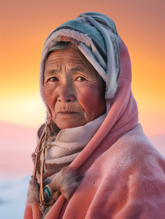 Old woman with her headscarf at sunset in Leh, Ladakh, Indiaの素材