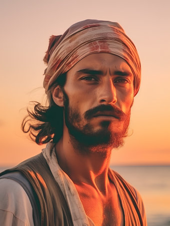 Portrait of a handsome Indian man on the beach at sunset.の素材
