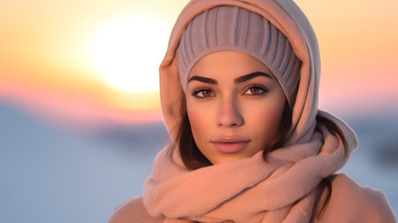 Portrait of a beautiful young woman in a knitted hat and scarf.の素材