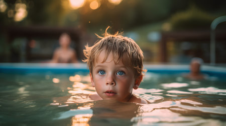 Surprised little boy in swimming pool at sunset. Funny child looking at camera.の素材