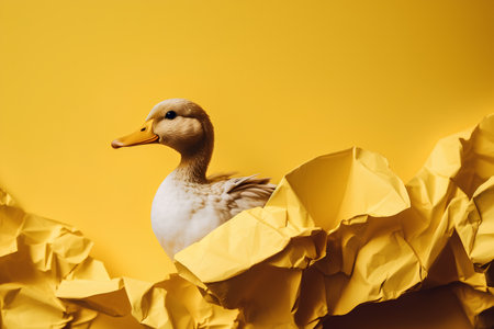 Crumpled paper and a duck on a yellow background with copy spaceの素材