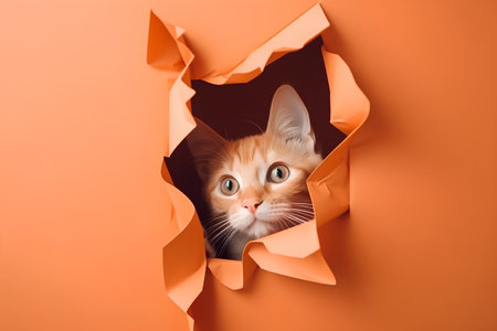 Cute ginger cat peeking through a hole in orange paper.の素材