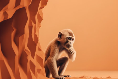 Monkey sitting on a piece of paper, orange background, 3d illustrationの素材