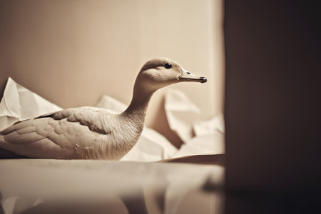 Cute duck sitting on the bed. Selective focus. Toned.の素材
