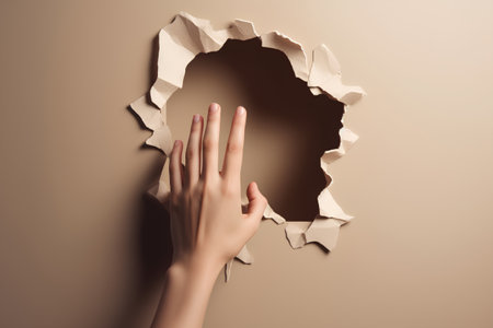 Female hand breaking through a hole in a brown paper with a fingerの素材