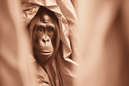 Monkey looking out of a hole in a sheet of paper.の素材