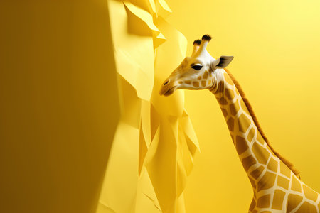 Giraffe peeling off yellow paper background. 3d renderingの素材