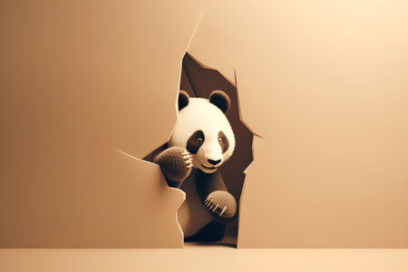 Panda coming out of a hole in paper. 3d renderingの素材
