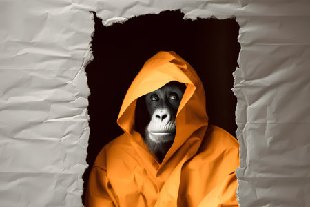 Monkey in a raincoat looking through a hole in a paper wallの素材