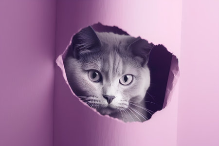 Cat peeking out of a hole in a pink paper background.の素材