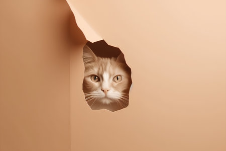 Cute ginger cat peeking through a hole in a paper wallの素材